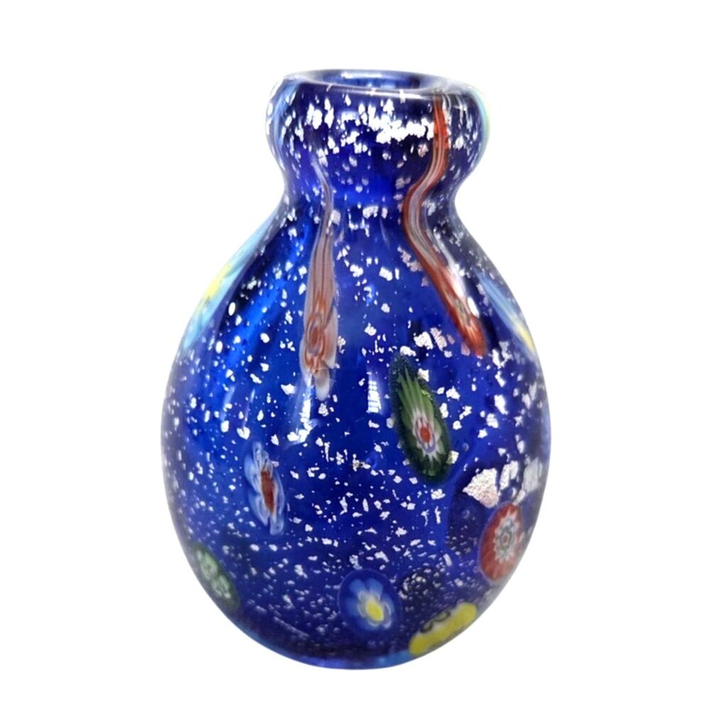 Blown Glass Blue Millefiori Blue Art Bud Vase Swirls Flowers Space